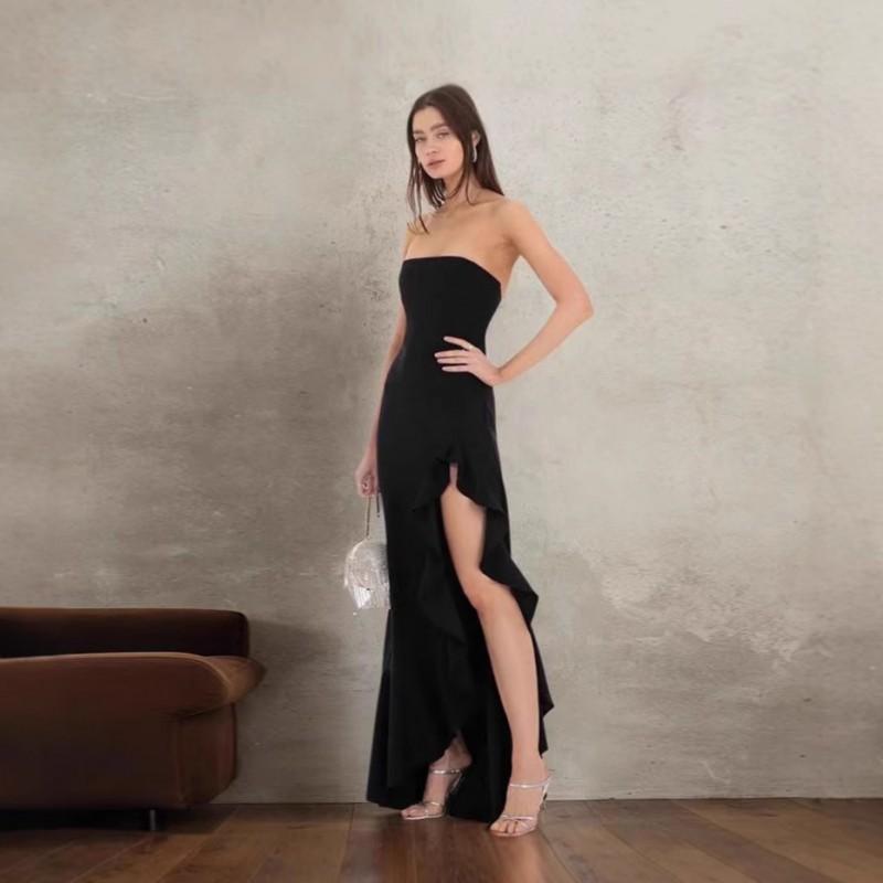 Strapless Evening Dress With Ruffle Side Slit Solid Color Slim Fit Long Gown Women