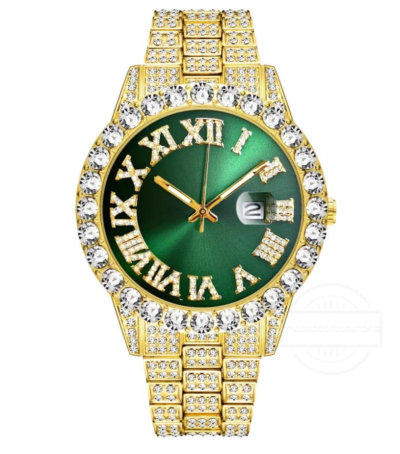 1/2 шт. Браслет для часов в стиле хип-хоп из нержавеющей стали золотого цвета, часы с календарем для мужчин, инкрустированные стразами, мужские часы Reloj Hombre