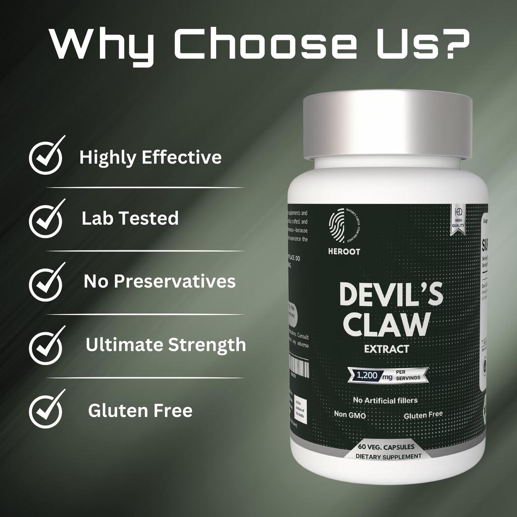 Heroot Devil’s Claw 1200mg – 60 Vegetarian Capsules | Herbal Supplement for Joint, Back & Mobility Support