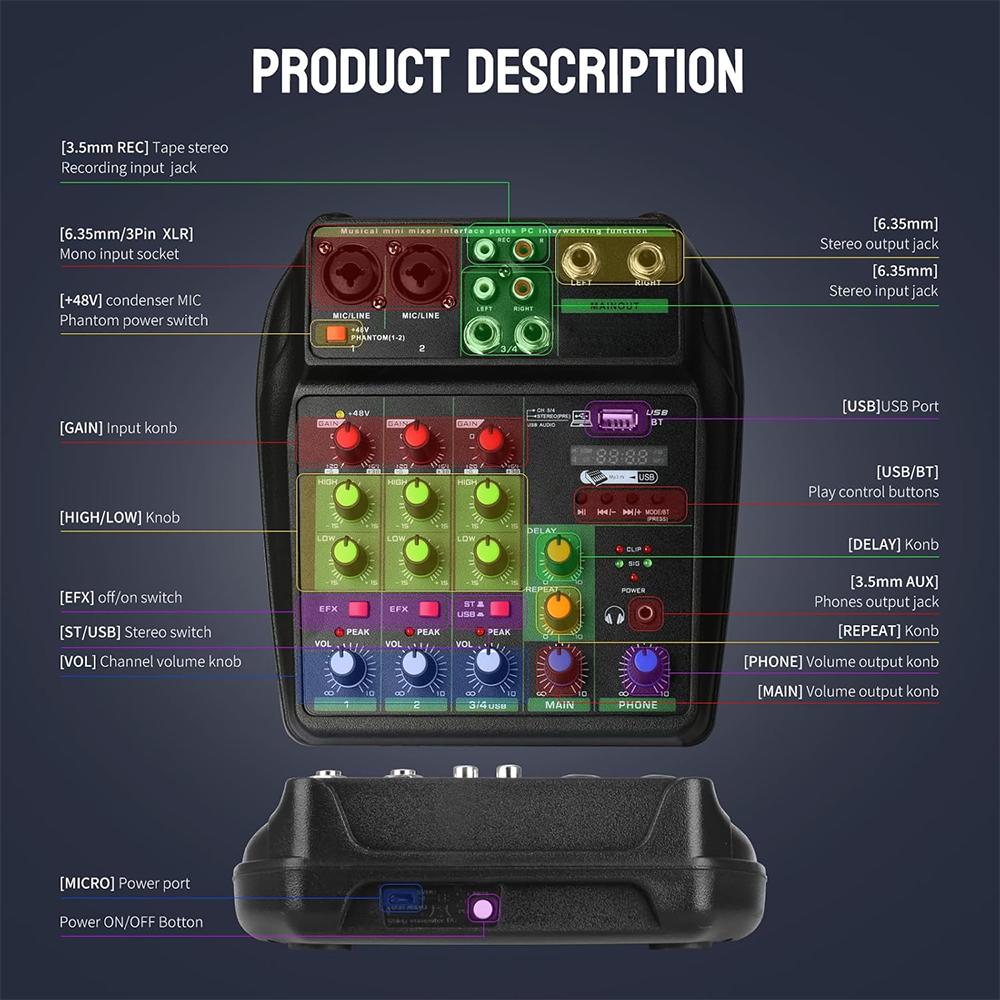 Профессиональный 4-канальный микшер DJ-микшерная консоль с Bluetooth 48 В фантомным питанием Монитор Караоке-система USB-микшер Аудио