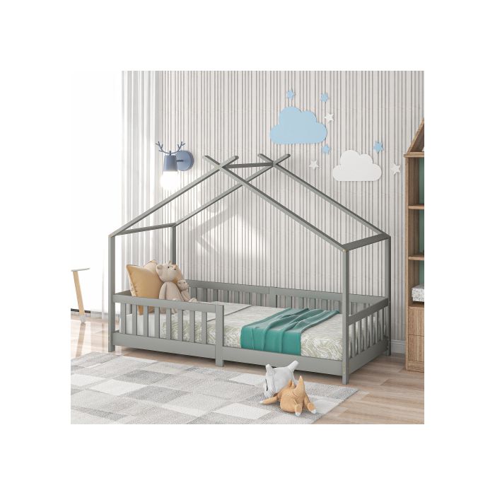 Lit d'enfant - MUVOE - 200x90cm - Bois massif - Gris - Barrière de sécurité