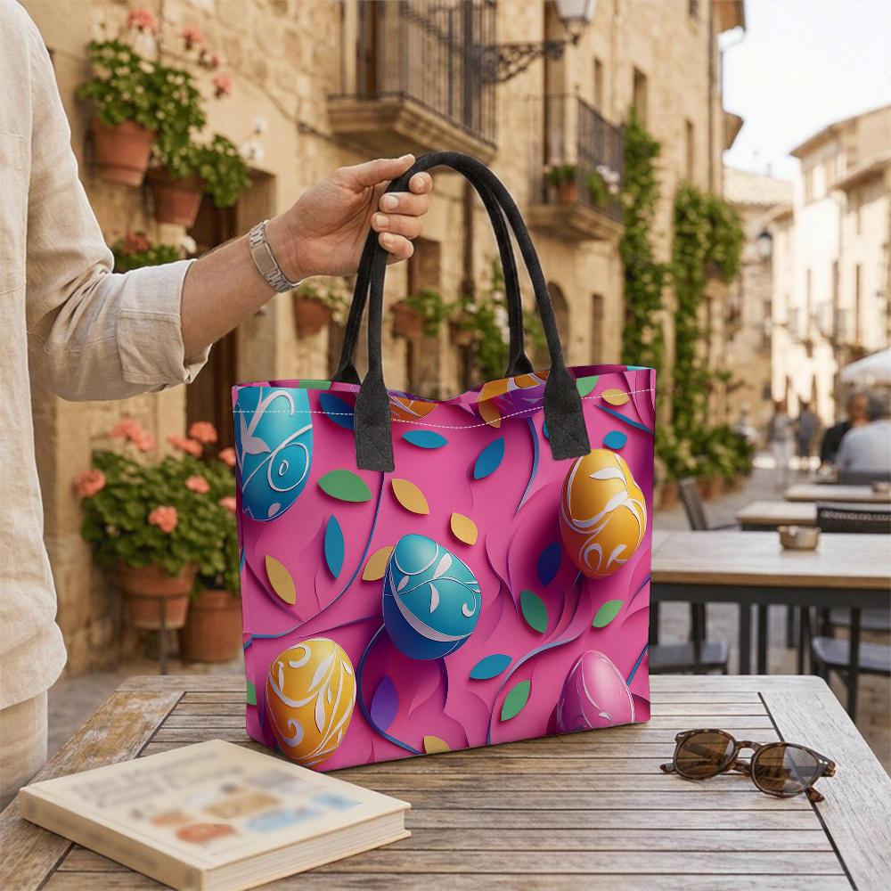 Easter Eggs Printed Canvas Tote Bag Casual Large Capacity Daily Shopping Handbag