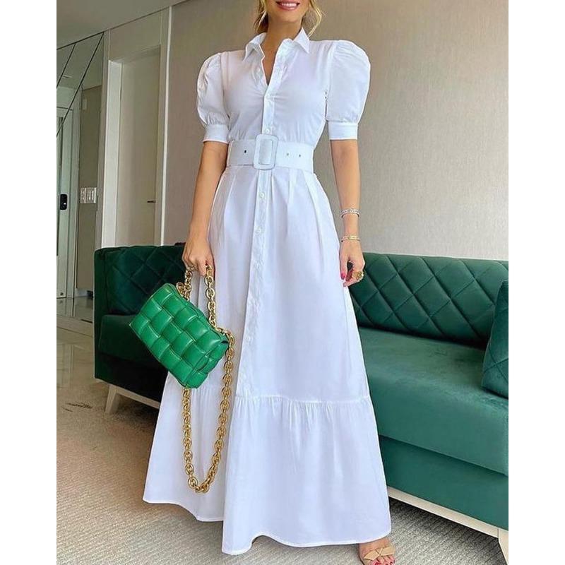 YYFS Женская мода лето весна сплошной цвет печати короткий рукав ПОЛО шеи Высокая талия повседневные платья