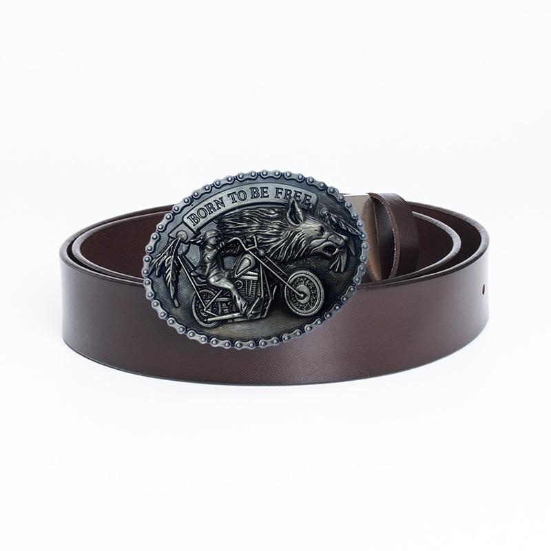 Ремень с пряжкой из сплава Big Wolf Head, двухслойный ремень из коровьей кожи, повседневный ремень из денима с гладкой пряжкой