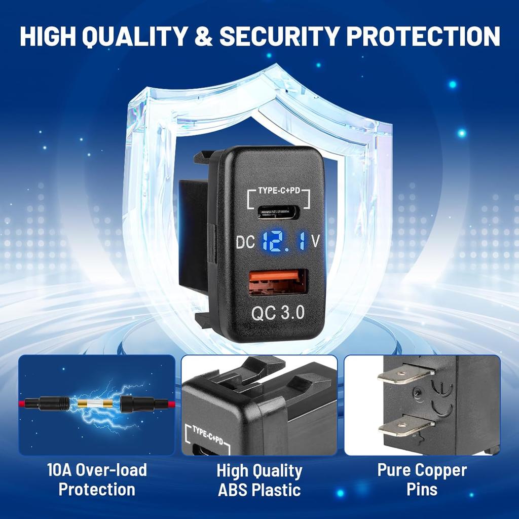 Для Toyota Dual USB C Port PD Quick Charge 3.0 Автомобильное зарядное устройство с цифровым синим светодиодным вольтметром для Toyota Tundra 2005-2006 4Runner 2003-2009