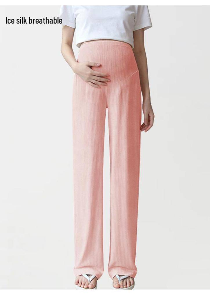 Женские летние брюки для беременных с широкими штанинами из ледяного шелка - Свободные, прямые, с поддержкой живота