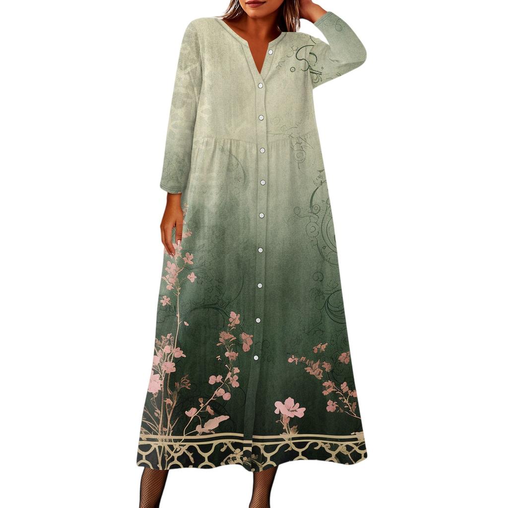 Женское модное платье-рубашка свободного кроя с принтом, круглым вырезом и рукавами семь четвертей на пуговицах