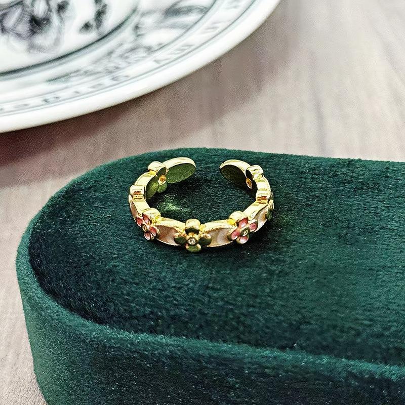 Medieval Vintage Enamel Oil Drop Four-Leaf Clover Hollow Rhombus Open Ring Court Style Retro Stacked Ring