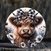 Charming Highland Cow with Bow Wreath Sign 8"x8" Round Aluminum Decoration for Home, Kitchen, Garden Perfect for Christmas