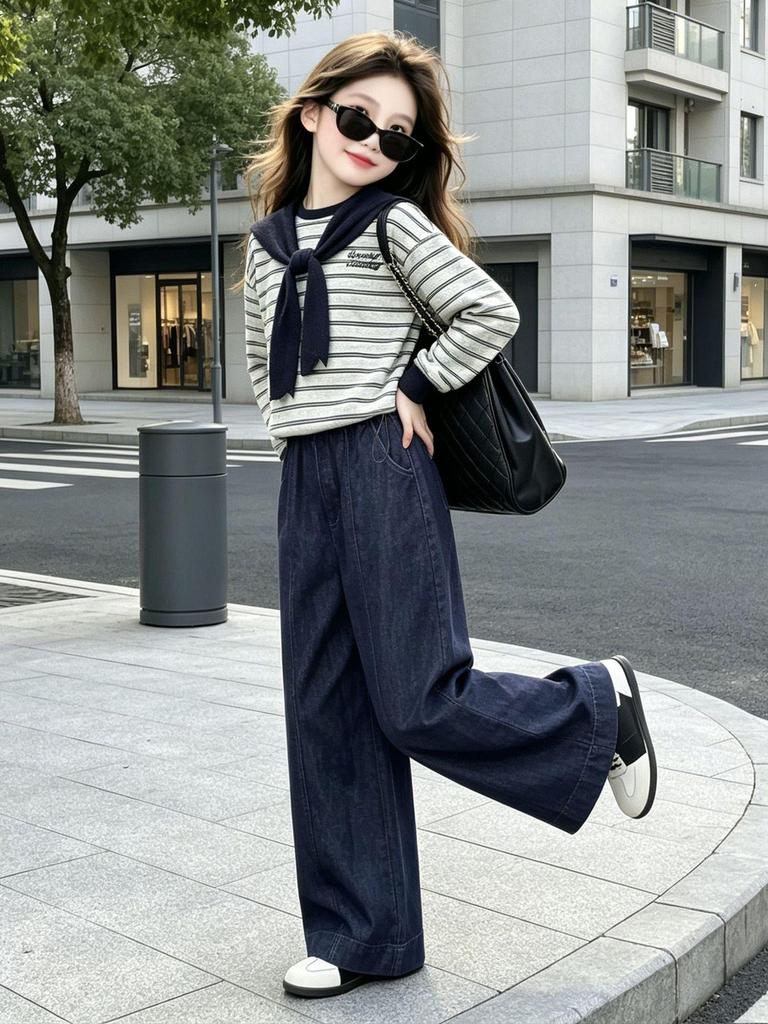 Girls' Striped Shawl Suit: Stylish Korean Spring/Autumn Two-Piece Set for Middle and Big Kids