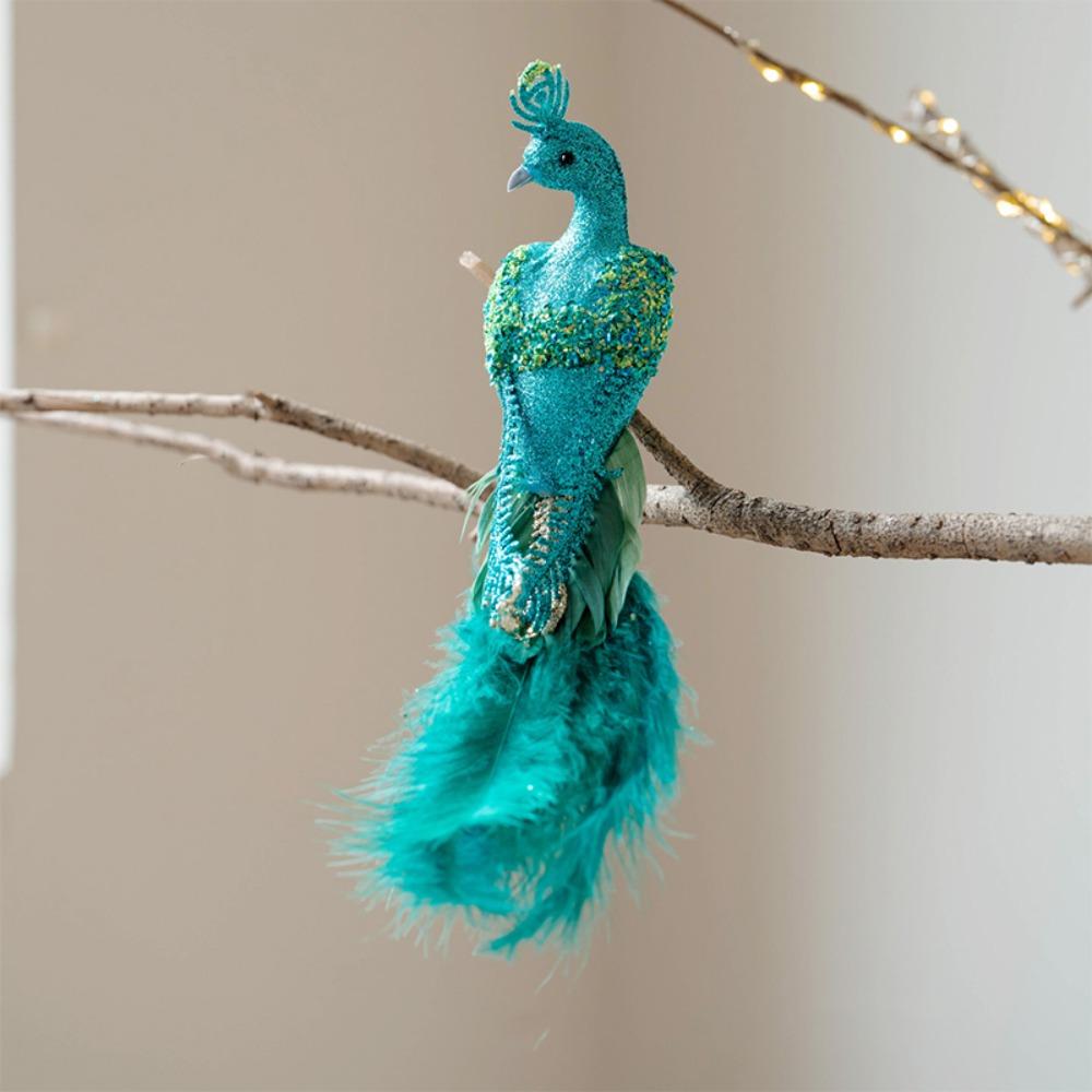 Realistic Christmas Tree Peacock Ornaments Built-In Clip Xmas Glitter Peacock Decor Christmas Tree