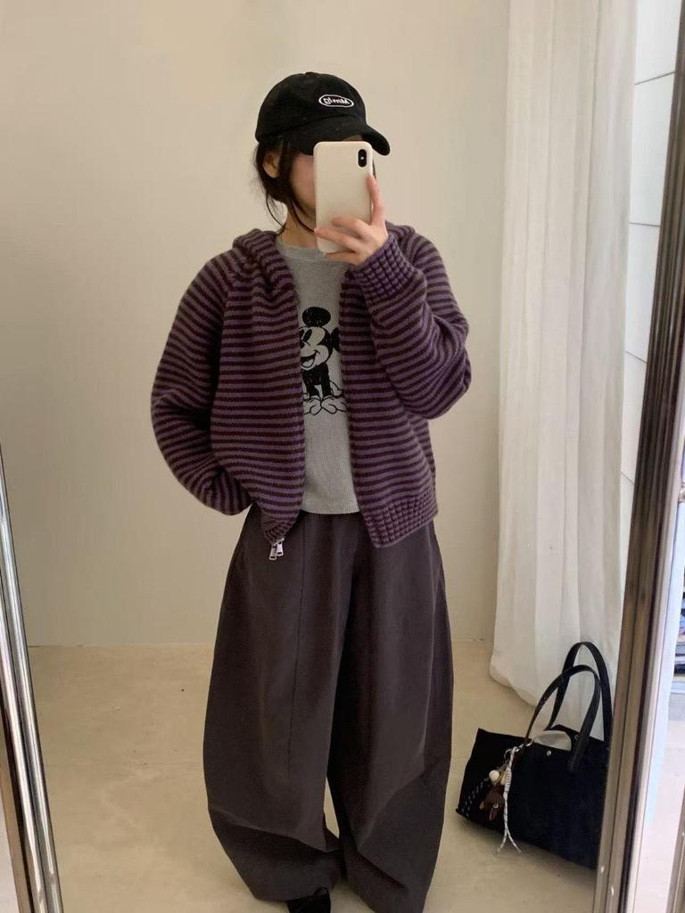 Korean Color Block Stripe Hooded Cardigan for Women - Autumn/Winter Fashion