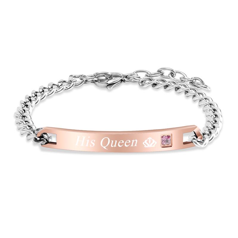 Браслет для пары из титановой стали с гравировкой, сердце с короной и цирконием - Подарок на День святого Валентина