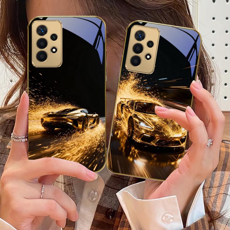 Летающий золотой суперкар Для Samsung A 01 52S A04 A05S A10 A12 13 22 23 24 36 42 M02 Note 10 20Ultra 8 9 Золотой стеклянный чехол для телефона