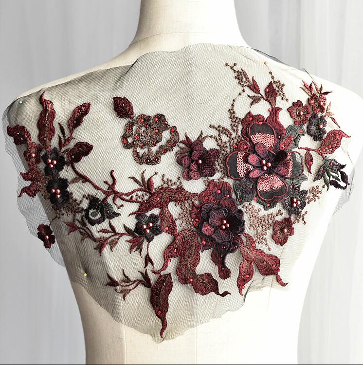 1 Piece Large 3D Lace Applique Trim Patches Pearl Purple Flower For Prom Wedding Dress Accessory Lace Fabric DIY 33*26cm