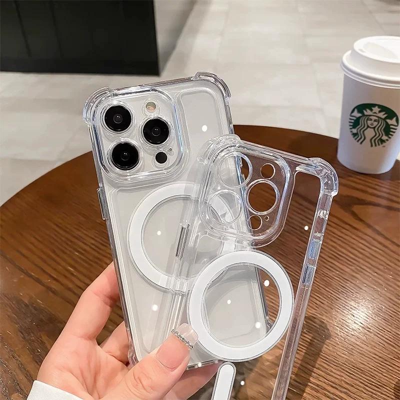 Прозрачный ударопрочный бронированный чехол для iPhone 15 14 Plus 13 12 11 Pro Max для беспроводной зарядки Magsafe Магнитный акриловый чехол