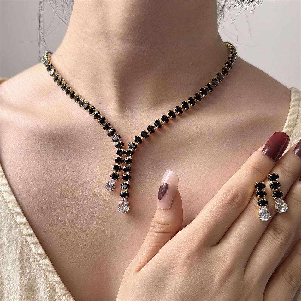 Fashion Bright Diamond Necklace Women'S Fashion Temperament Earrings Set Jewelry Niche Simple Two-Piece Set
