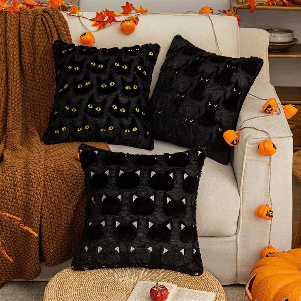 Black Cat Design Plush Pillowcase Soft Tufted Faux Fur Cushion Cover Halloween Home Decor For Spooky Theme Parties