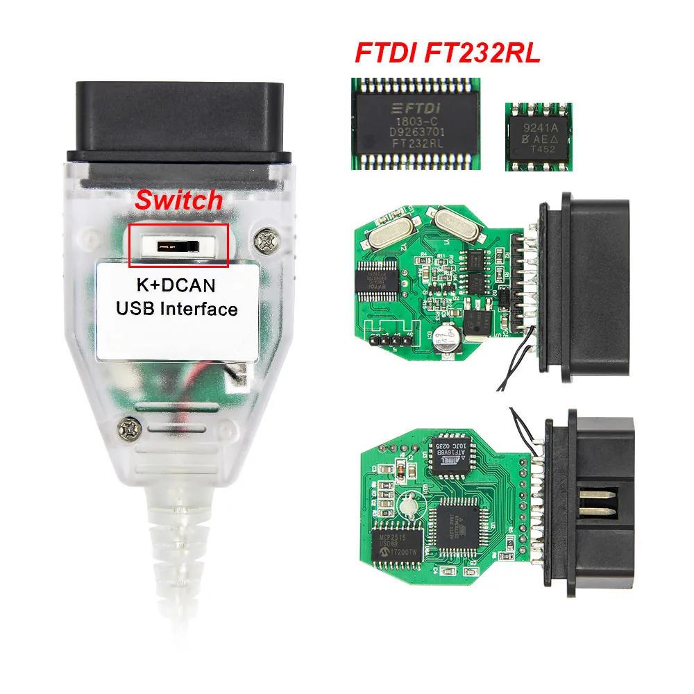 For K+DCAN FTDI 9241A With Switch K DCAN OBD 2 OBD2 Interface OBDII Car Diagnostic Auto Tools K-line K line For Inpa Cable