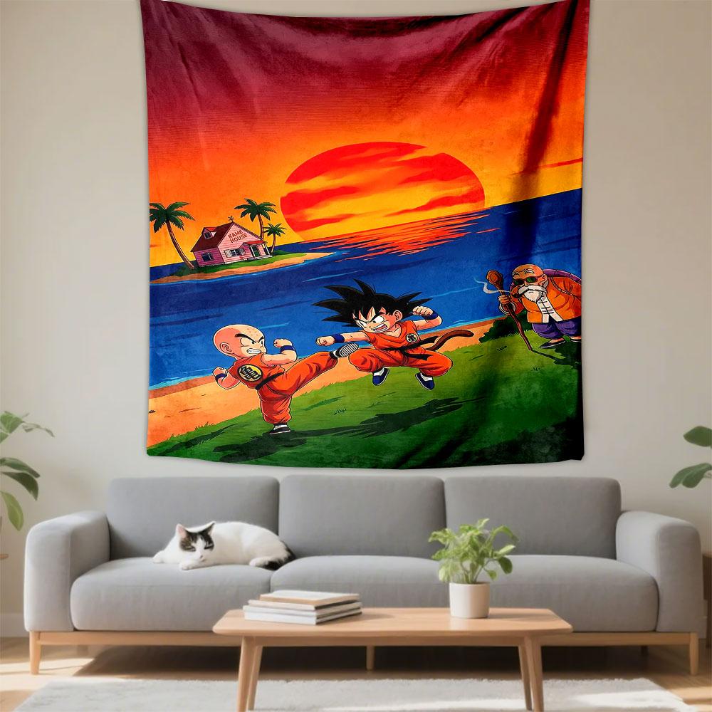 Dragon Ball Kid Goku Krillin Wall Tapestry Training at Kame House Sunset Master Roshi Decor for Bedroom Dorm Game Room Gift