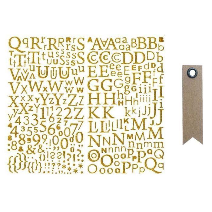 Alphabet autocollant paillettes doré + 20 étiquettes kraft Fanion