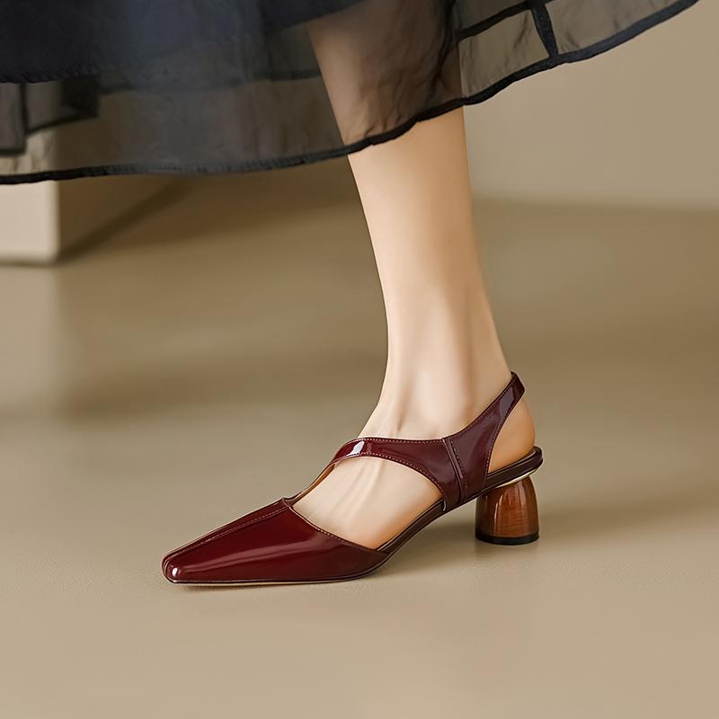New Summer Women Sandals Patent Leather Shoes for Women Square Toe Chunky Heel Shoes Elegant Cover Toe Slingback Hollow Sandals