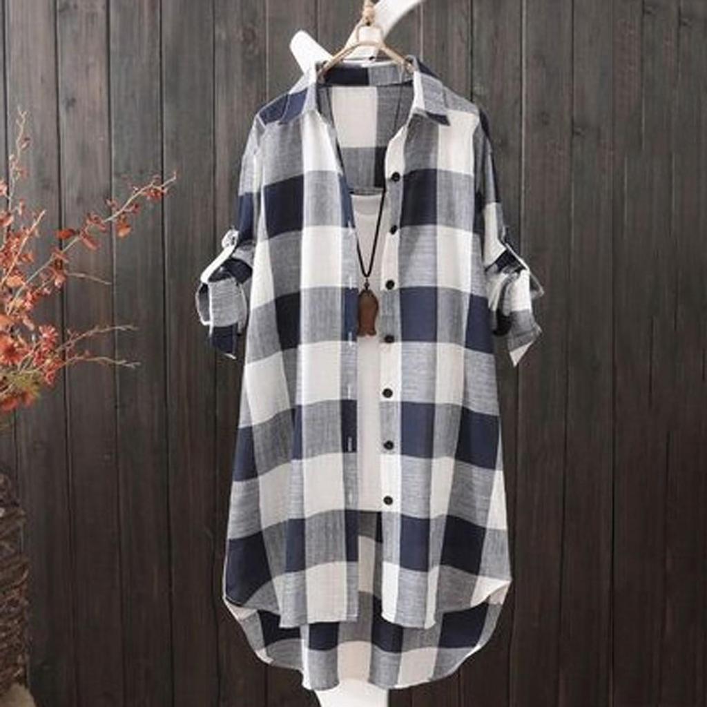 Women Casual Plaid Shirt Fashion Oversized Loose Button Outdoorwear Tunic Shirt Blouse Female Long Sleeve Beach Sun Tops