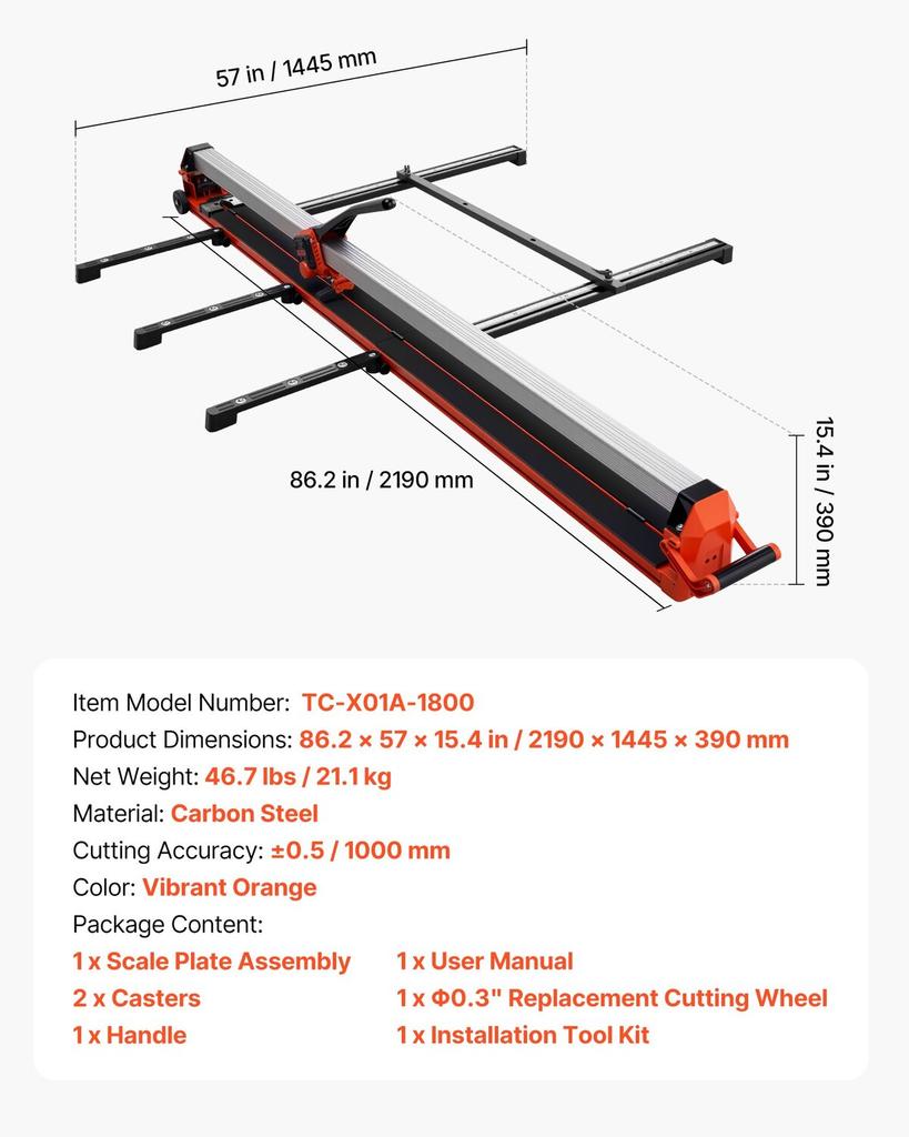 1800 mm Manual Tile Cutter, Upgraded Rail and Sliding Head, Precision Alignment Guide, Tungsten Carbide Cutting Wheel, Support Legs with Swivel