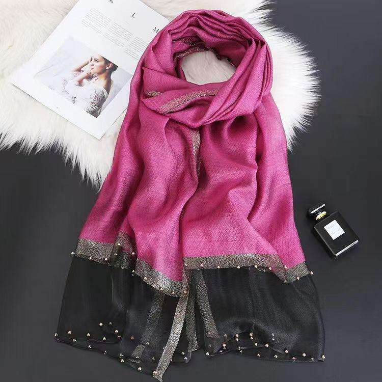 Новый шарф для женщин, тонкий, с бисером, однотонный, шаль, шарф из марли с золотой нитью, персонализированный, шарф из искусственного шелка, весна и осень