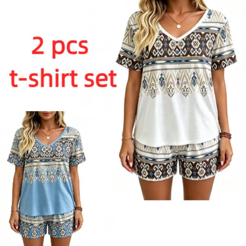 European and American Summer Fashion Ethnic Patterns Printed V Neck Short Sleeved T-Shirt And Shorts Set Women's and Men's T-shirt Shorts Set