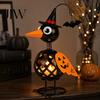 Gothic Table Centerpiece Wrought Iron Crow And Pumpkin Halloween Ornament, Metal Bird Candle Spooky Home Decoration Holder Statue with LED for