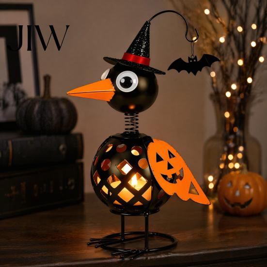 Gothic Table Centerpiece Wrought Iron Crow And Pumpkin Halloween Ornament, Metal Bird Candle Spooky Home Decoration Holder Statue with LED for