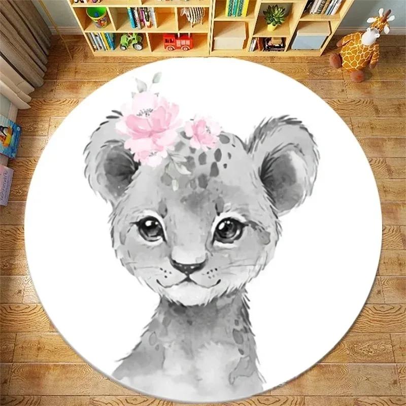 Cute Lion Elephant Giraffe Round Carpet Pattern Floor Mat Bedroom Living Room Chair Floor Rugs Home Bathroom Carpet Decoration