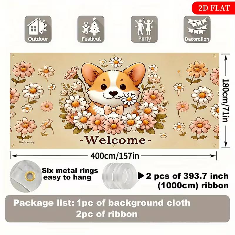 2D Outdoor Welcome Banner with Corgi and Flowers for Home Decor