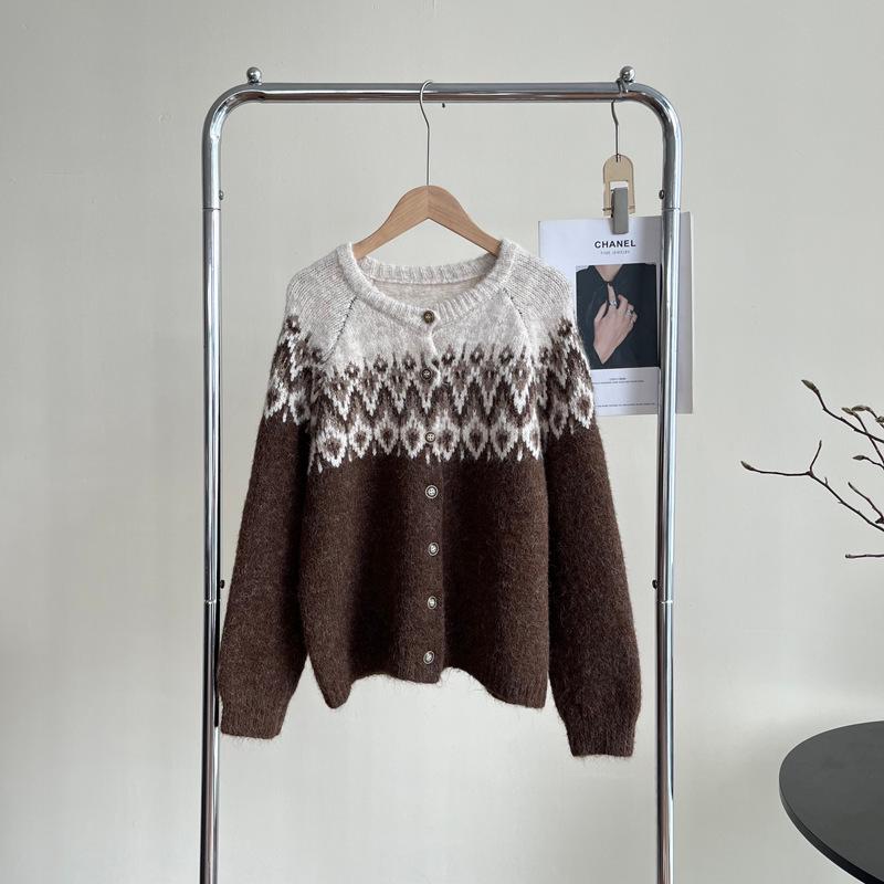 Женский ретро вязаный кардиган в стиле Fair Isle с цветовыми блоками - Корейский стиль, плотный и уютный для осени/зимы