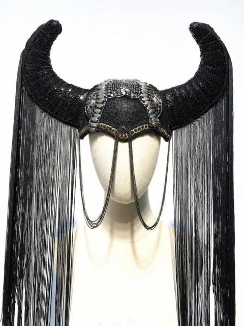 Halloween cosplay Horns Tassel exaggerated headdress DJ Catwalk show Punk Horn Armor cap Demon look Anime Shofar Carnival Gifts