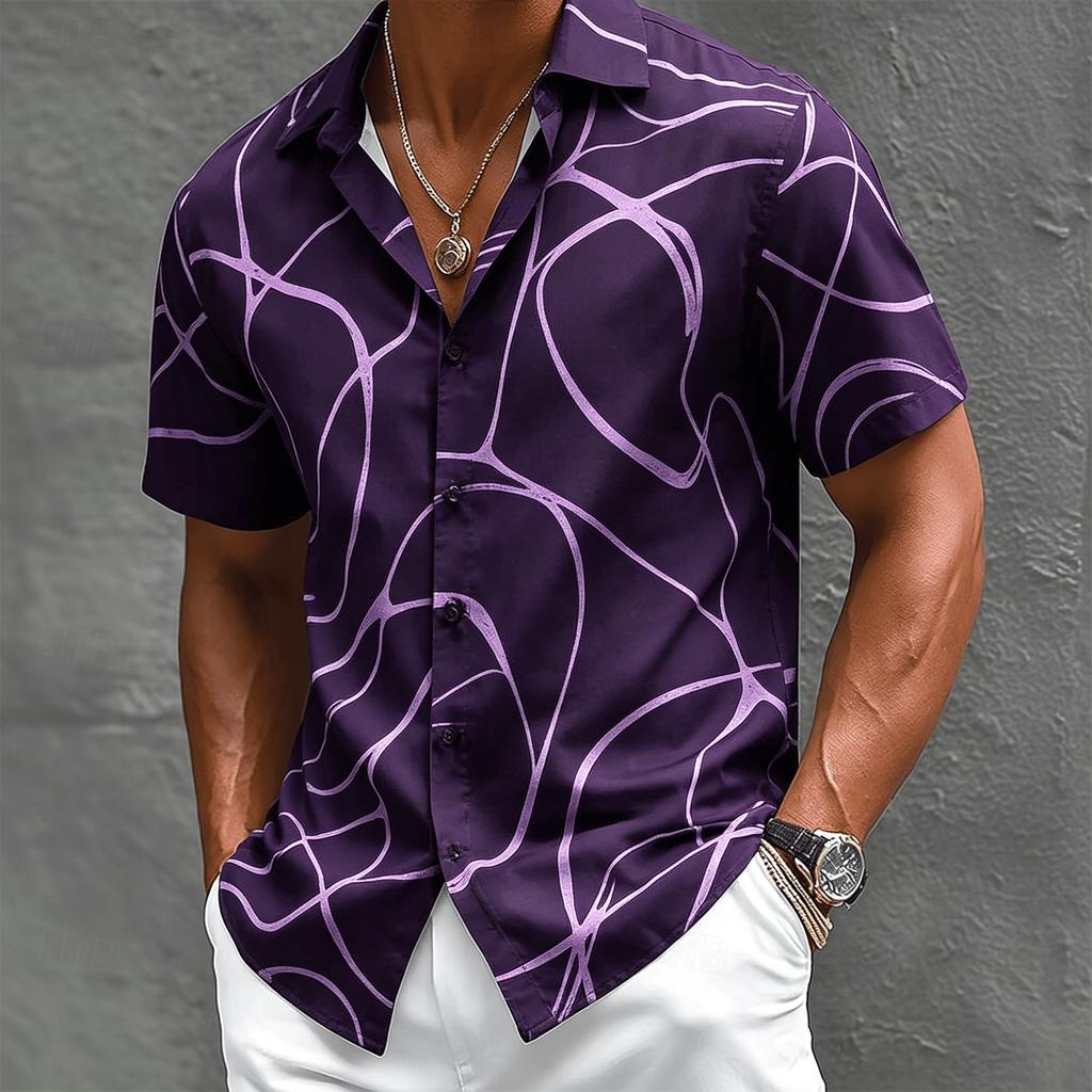 Men's Abstract Geometric Line Print Shirt, Beach Vacation Casual Wear for Men