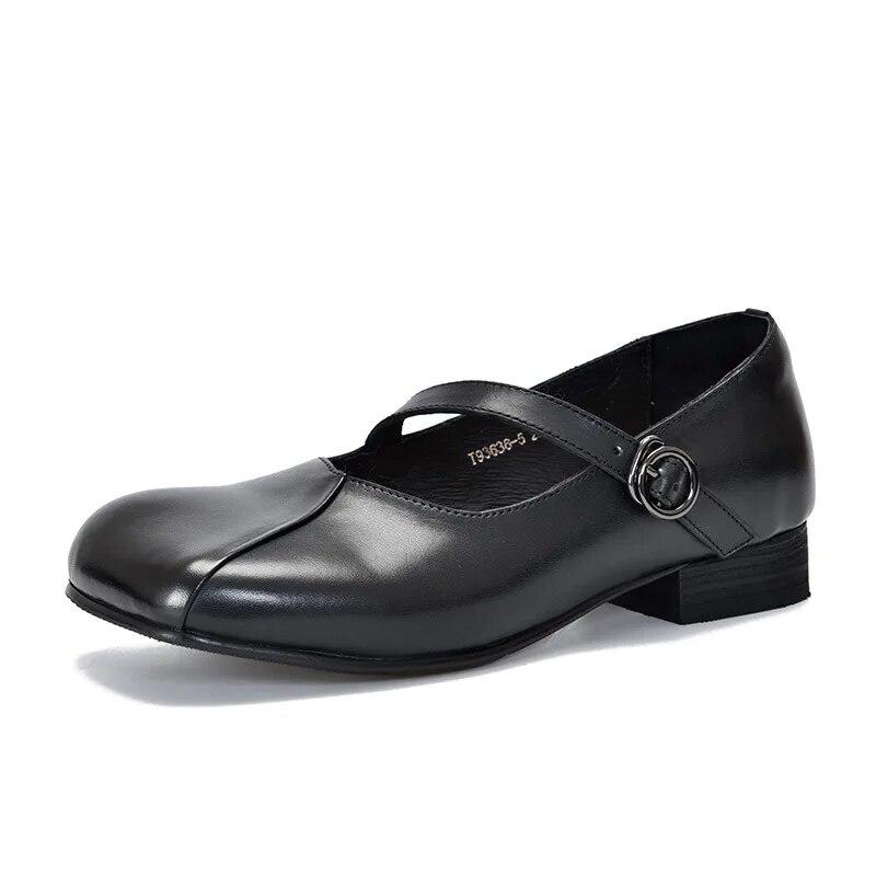 Johnature Square Toe Shallow Mary Jane Shoes Genuine Leather Retro Solid Color Soft Soled Shoes
