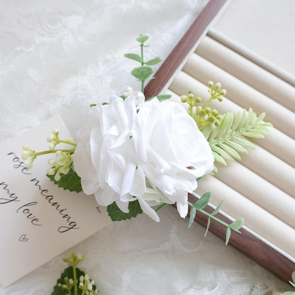 Light Yellow White Wrist Corsage Bracelet Silk Material Silk Rose Brooch Bridesmaid Gift
