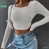 My Wardrobe Authorization женский вязаный однотонный укороченный топ с длинными рукавами и квадратным вырезом, облегающие укороченные футболки с асимметричным подолом