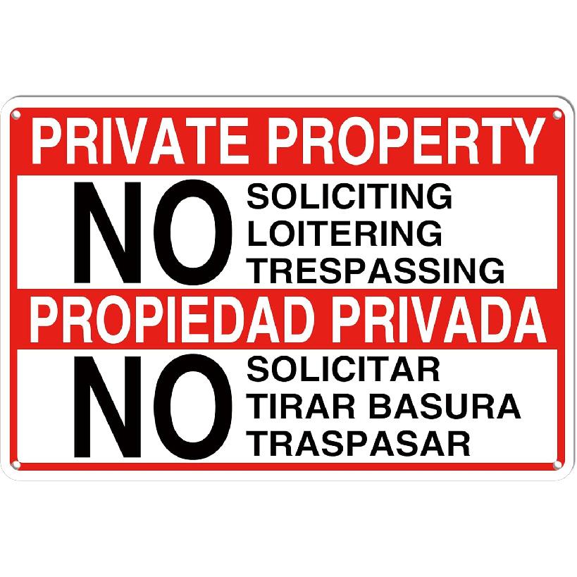 Señal "Private Property No Soliciting No Loitering No Trespassing" - 7.8" x 11.9" Letrero de aluminio resistente en contraste en inglés y español