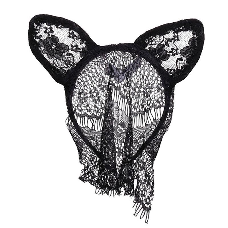 Sexy Lace Cat Ears Veil Headbands Black Hairbands Eye Mask Anime Cat Girl Cosplay Hair Accessories For Women Girls Christmas