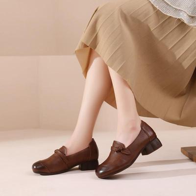 Женские туфли в стиле ретро на низком каблуке из коровьей кожи: Удобные, Универсальные, Нескользящая Мягкая Подошва, Идеальны для Поездок на Работу.