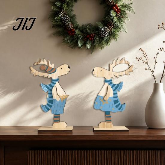 Rustic Wood Holiday Centerpieces 2Pcs Wooden Christmas Reindeer Ornaments, Cute Elk Desktop Decorations, Festive Ornaments for Party Double