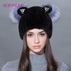 Winter Womens Mink Fur Hat Genuine Fox Mink Fur Cap Lovely Cat Ears Hats
