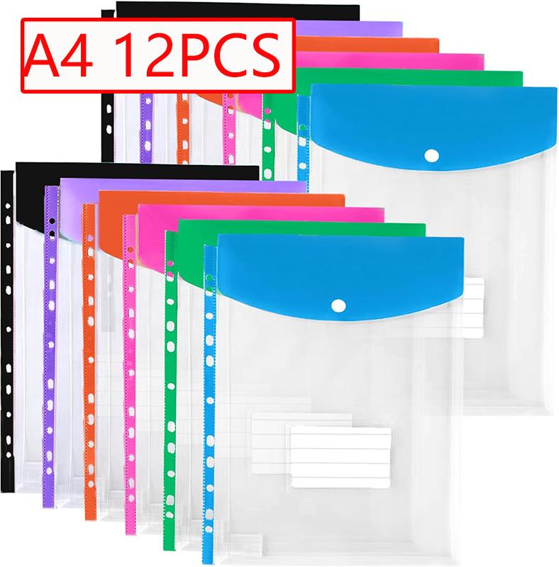6-12pcs A4 Transparent Binder Pocket Organizer Folders 11 Holes Binder Folders with Snap Button Label for School Home Office