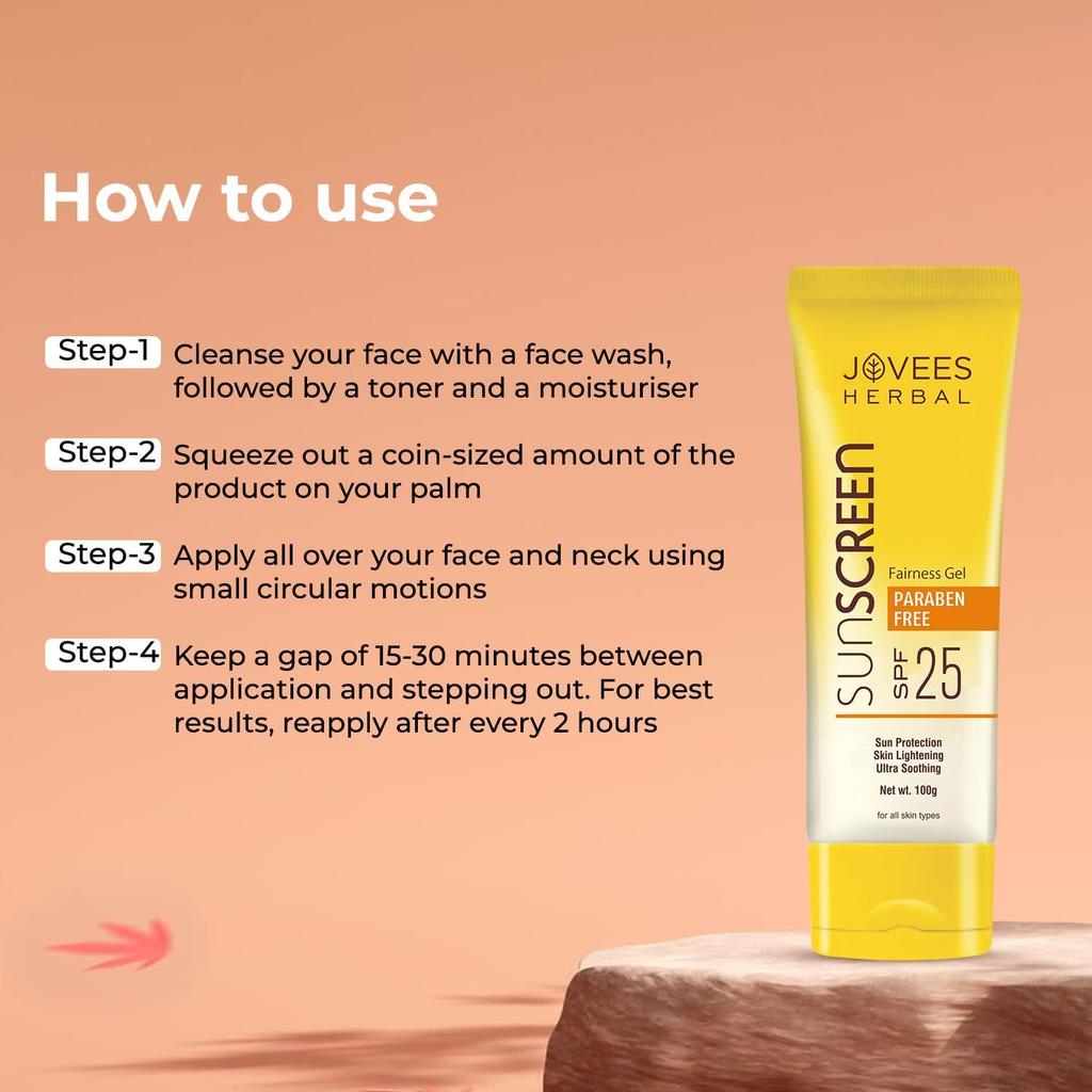 Jovees Herbal Sunscreen Fairness Gel SPF 25 100ml | Lightweight Oil Free Aloe Vera Gel Sunscreen For Daily UV Protection And Radiant Skin All Types