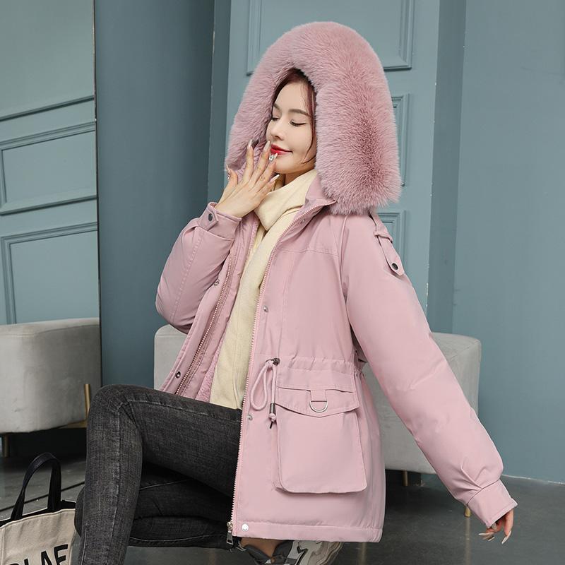 Женская осенне-зимняя однотонная теплая куртка с длинным рукавом и меховым воротником, карманное пальто