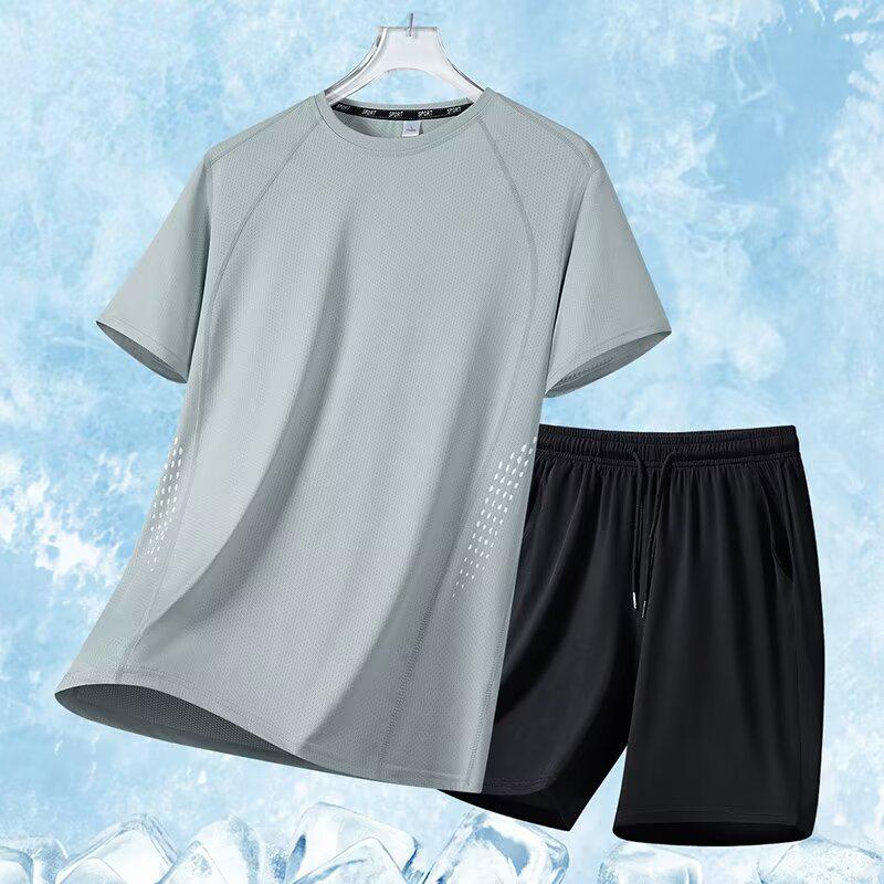 Premium Plus Size Ice Silk Sportswear Set for Men & Women: Quick-Dry T-Shirt & Shorts for Summer Fitness