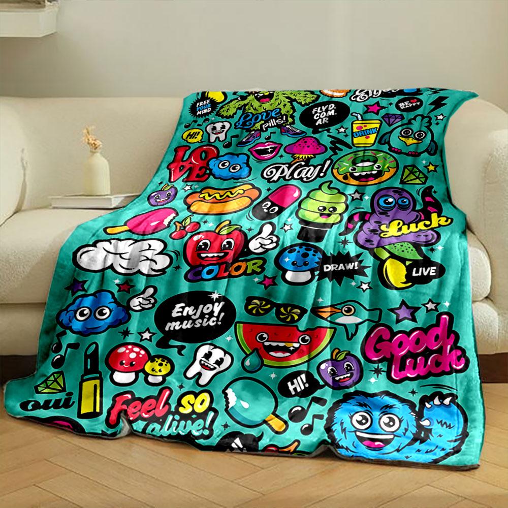 Colorful cartoon-style doodles and text with playful and lively designs. for all seasons blanket lunch break throw gift